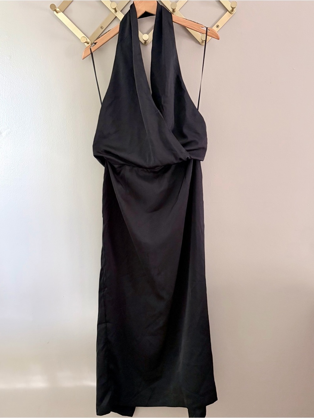 ee:some Black Satin Halter Plunge V-Neck Midi Dress Medium NWT